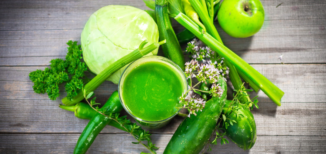 Green vegetable in a table with smoothies